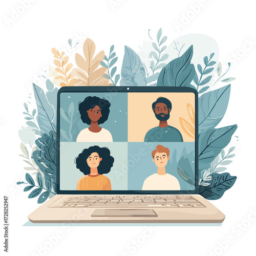 ノートパソコン画面でオンライン会議をする多様な人々、植物に囲まれたイラスト