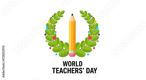 World Teachers Day laurel wreath with pencil graphic
