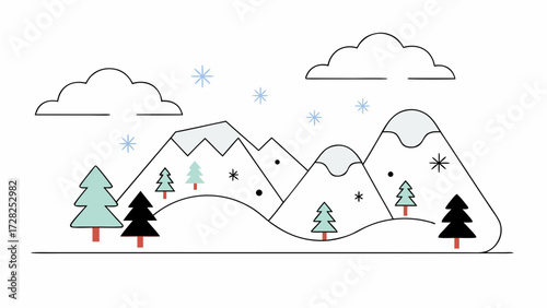 Flat Vector Snowy Mountain Scene with Pine Trees and Minimalist Winter Landscape in Ultra Detail