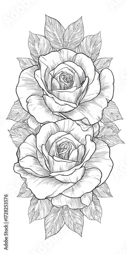 Two detailed, elegant roses are surrounded by intricately drawn leaves, creating a captivating black and white floral design.