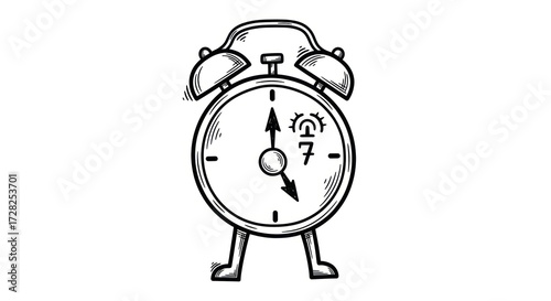 Line Art Illustration of an Alarm Clock Depicting Seven O Clock Against a White Background