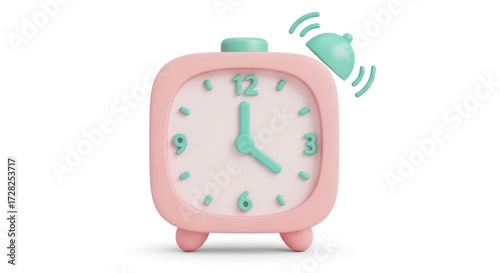 Pink Alarm Clock with Mint Green Accents and Ringing Bell Isolated on White Background