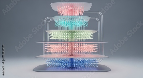 Abstract 3D Rendering of a Multilayered Data Structure with Glowing Particles on Gray Background