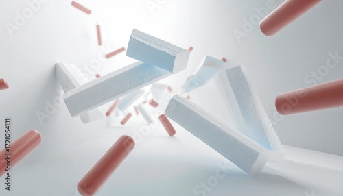 Abstract 3D Render of Floating Blue and Red Geometric Forms Against White Background