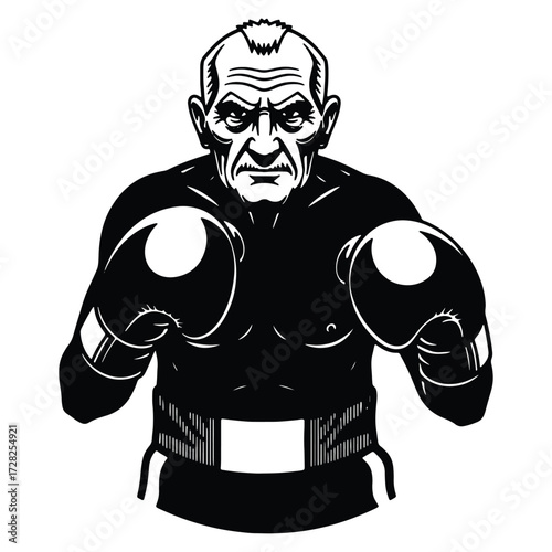 Fierce old boxer in black and white ready to fight