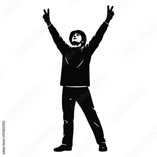 Man raising arms in victory monochrome illustration for digital use