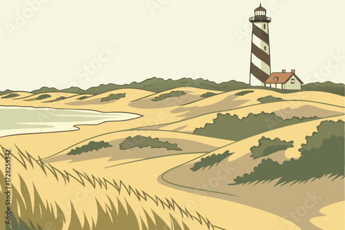 Cape Hatteras National Seashore in North Carolina, sandy dunes with iconic striped lighthouse