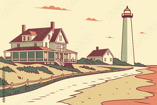 Cape May Beach in New Jersey, sandy shoreline with Victorian homes and lighthouses nearby