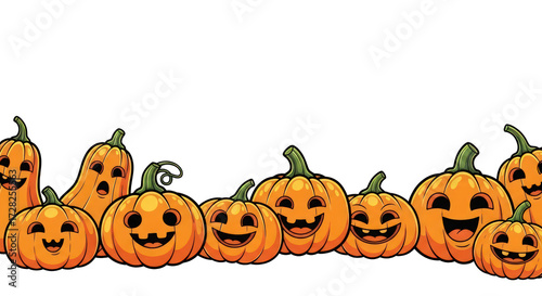 Halloween pumpkins with carved faces smiling together