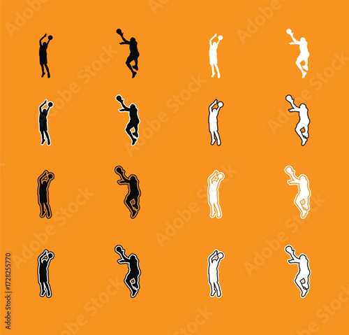 Collection of Basketball Player Poses Silhouettes A set of vector silhouettes of basketball players performing various actions, including dribbling, shooting, and dunking. Perfect for sports graphics
