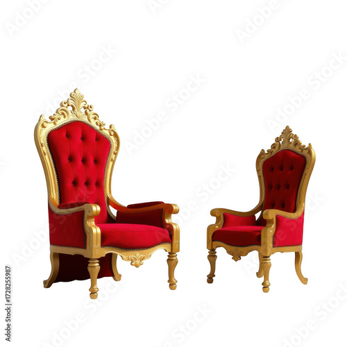 Two ornate red velvet thrones with gold trim stand against a stark black background