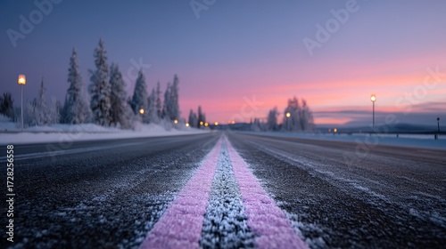 Snow Covered Highway Leading to a Pink and Blue Sunset with Trees Landscape, Cinematic HDR, Cold Atmospheric Perspective, and Clear Horizon