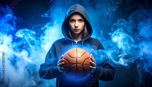 A young woman in a hoodie holds a basketball, surrounded by blue smoke