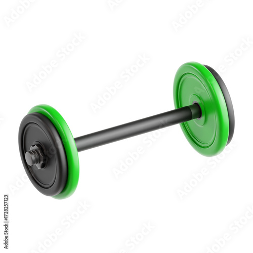 A 3D illustration of a vibrant green and black dumbbell isolated on a clean white background, symbolizing fitness, weight training, and exercise
