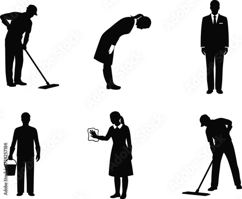 Silhouette cleaning, service activity, mopping floor, wiping surface, black figures, daily chores, lifestyle illustration, hygiene