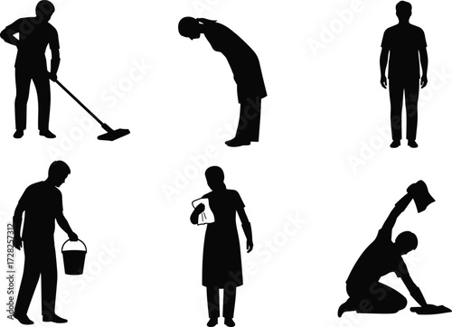 Silhouette cleaning, vacuuming activity, household chores, black figures, hygiene concept, lifestyle illustration,