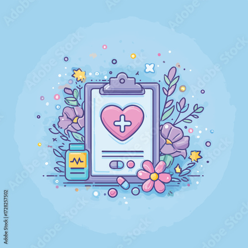 心身の健康と癒しを願うメッセージが込められた、可愛らしい花々や薬と共に描かれたハートのクリップボードが印象的な、優しいタッチのベクターイラストレーション。