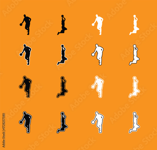 Collection of Basketball Player Poses Silhouettes A set of vector silhouettes of basketball players performing various actions, including dribbling, shooting, and dunking. Perfect for sports graphics