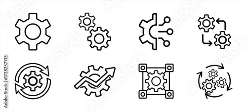 Setup and settings system thin line icon set. Contains options, configuration, technology, process, maintenance, installation, engineering, mechanism, customization, optimization. Vector illustration