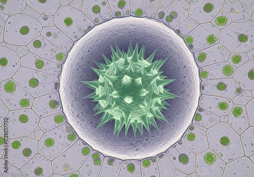 Hyper-realistic magnified depiction of idioblast cell containing druse crystal clusters inside vacuole surrounded by plant tissue for detailed botanical microscopic study of plant cell types
