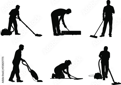 Silhouette vacuuming, cleaning activity, household chores, black figures, hygiene concept, lifestyle illustration,