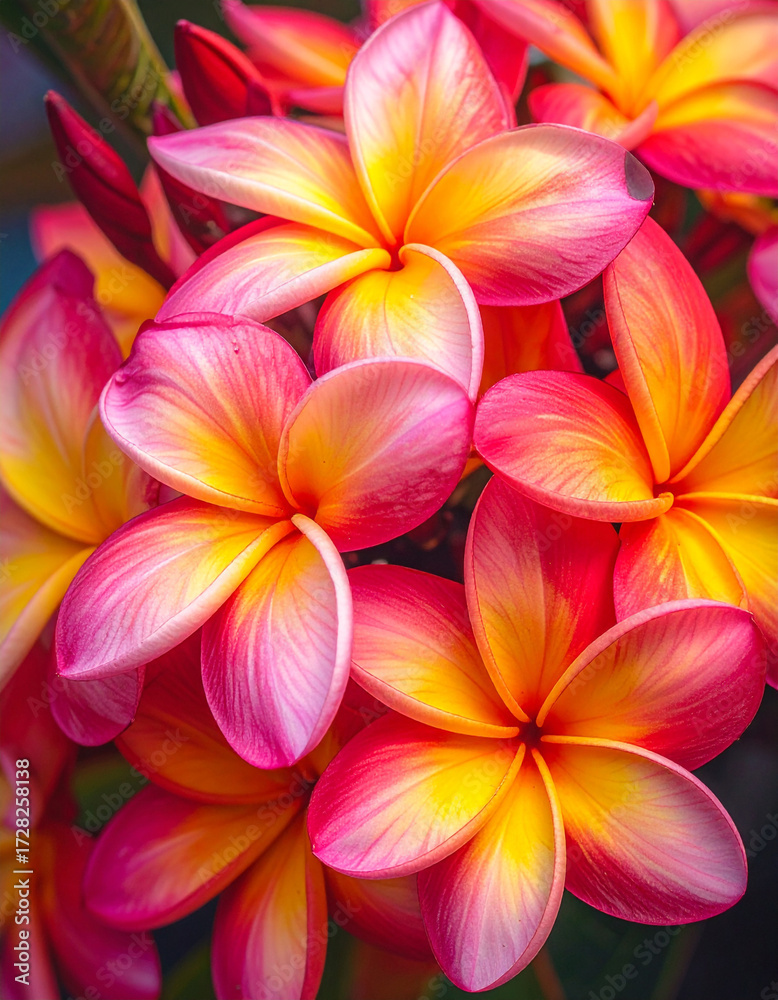 Naklejka premium Close-up of blooming tropical flowers with intense pink, red and yellow petals