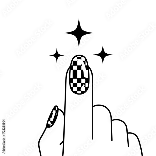 Elegant Checkered Nail Art Minimalist Black and White Manicure with Sparkling Stars Isolated on White