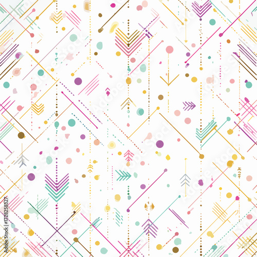 現代的なパステルカラーの幾何学模様がシームレスに広がる、矢印やドットが散りばめられた遊び心のある抽象的なベクターデザイン背景。