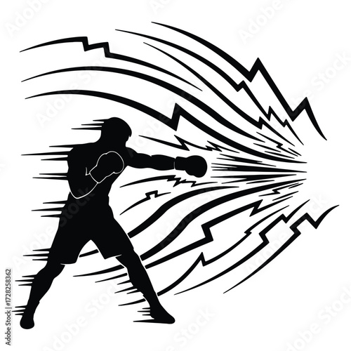 Silhouette of a boxer throwing a powerful punch with dynamic energy lines