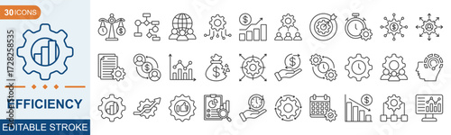 Efficiency outline editable icon set collection. resource utilization, effectiveness, productivity, optimization, streamlining, lean processes, time management, and more. Vector illustration eps 10
