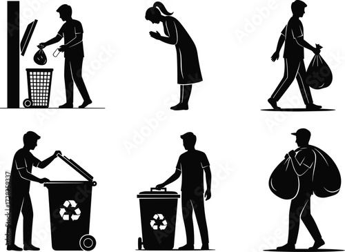 Silhouette recycling, garbage disposal, waste management, black figures, daily chores, lifestyle illustration,