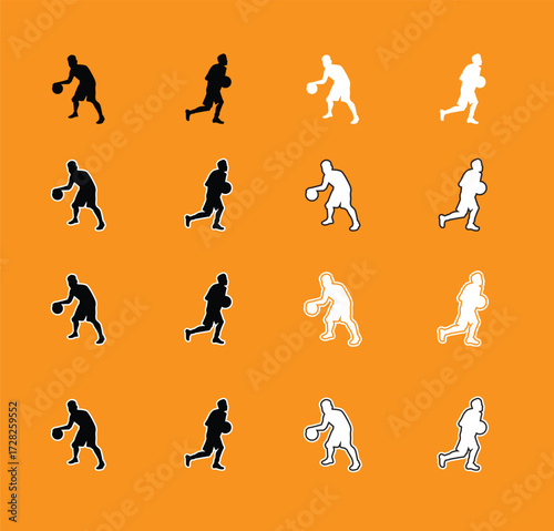 Collection of Basketball Player Poses Silhouettes A set of vector silhouettes of basketball players performing various actions, including dribbling, shooting, and dunking. Perfect for sports graphics