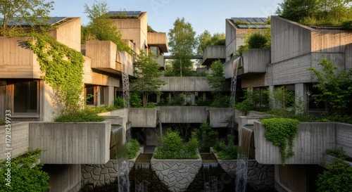 Obraz A unique architectural marvel showcasing a harmonious blend of nature and modern design. A stunning modern complex emerges, integrating lush greenery with concrete structures.