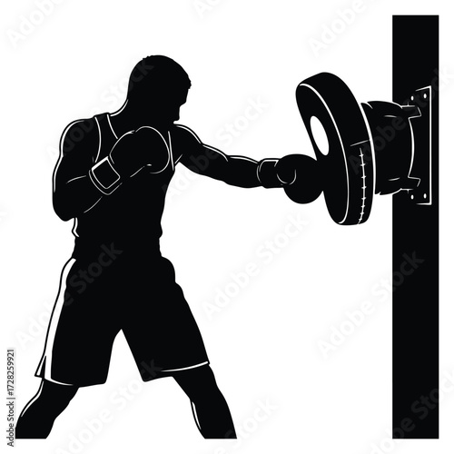 Silhouette of boxer training with punching pad on wall vector illustration