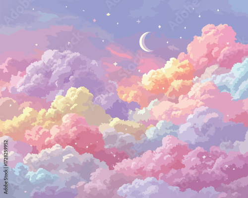 幻想的なパステルカラーの空に浮かぶ三日月と星々、夢のような雲の風景