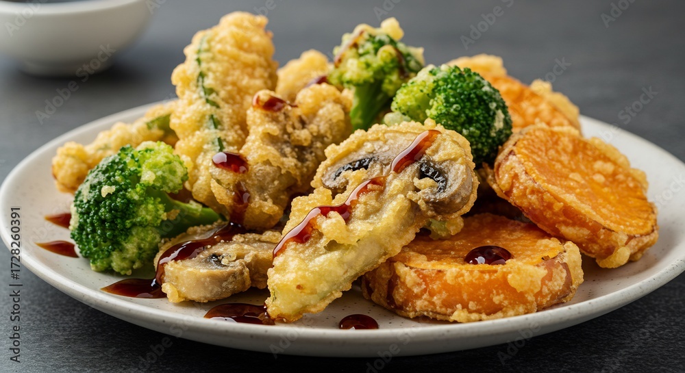 Fototapeta premium 様々な種類の野菜が織りなす揚げたて熱々のサクサク天ぷら盛り合わせ食欲そそる鮮やかな色彩と絶妙な光加減とろりとした甘辛い特製ソースが美味しさを引き立てる. AI Generated