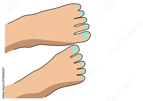Woman's feet with light blue pedicure isolated on white. Summer foot care concept for health and beauty. Relaxation and spa.