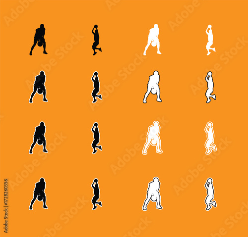 Collection of Basketball Player Poses Silhouettes A set of vector silhouettes of basketball players performing various actions, including dribbling, shooting, and dunking. Perfect for sports graphics