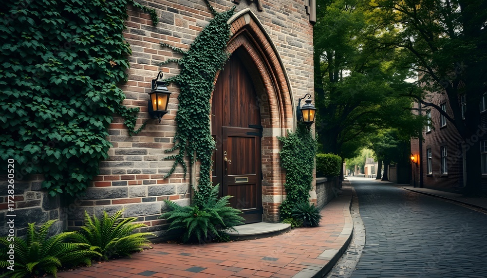 Fototapeta premium Charming brick building with ivy covered entrance and cobblestone street in quiet neighborhood