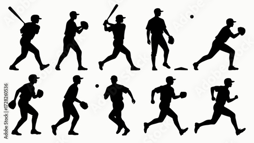 Silhouettes of baseball players' body movements, a collection of vector illustrations