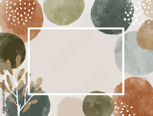 水彩風の抽象的な丸い模様と植物のイラスト、シンプルなフレーム付きの背景デザイン