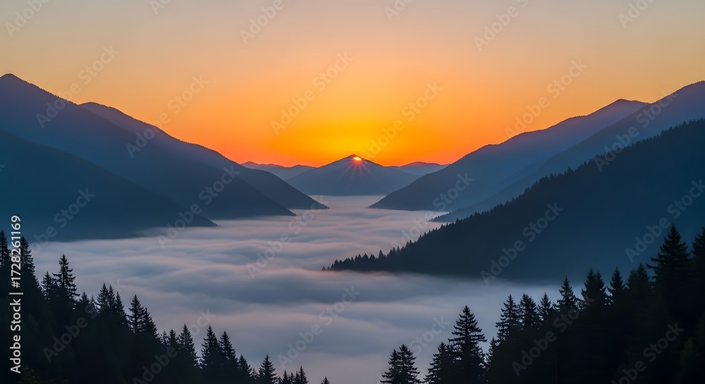 Fototapeta premium Sunrise over the mountains with fog in the valley creating a beautiful landscape view