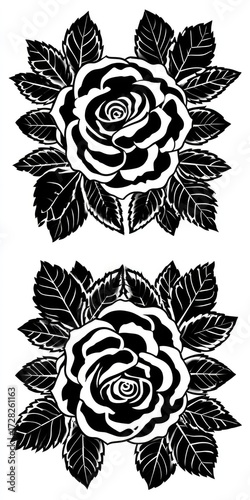 Two symmetrical black and white rose illustrations, detailed with leaves, presented in a vintage style.