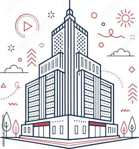 Modern Skyscraper Line Art Illustration with Geometric Elements