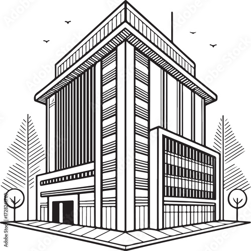 Modern Office Building Line Art Illustration