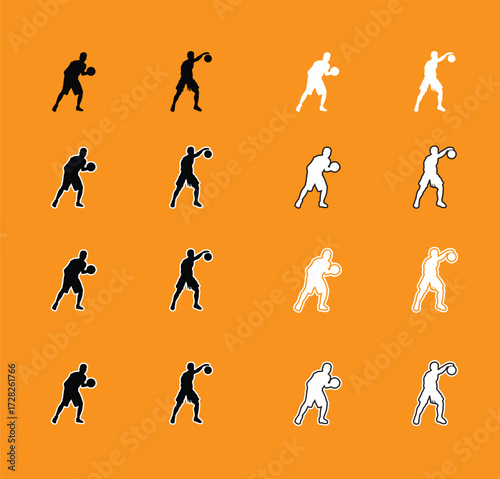 Collection of Basketball Player Poses Silhouettes A set of vector silhouettes of basketball players performing various actions, including dribbling, shooting, and dunking. Perfect for sports graphics