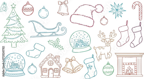Vector art of assortment of christmas elements like tree, sleigh, reindeer, and gingerbread house