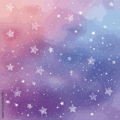 幻想的な星空の背景、水彩風のグラデーションとキラキラ輝く星々が描かれたベクターイラスト