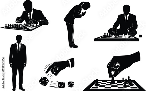Silhouette chess, dice game, strategy play, formal gesture, black figures, decision making, board game concept