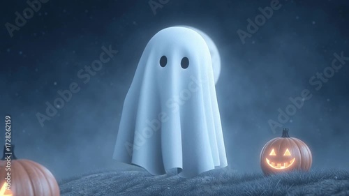 halloween cute cartoon ghost on a moonlight background with pumpkin,halloween ghost Floating in the moonlight,spooky halloween night,halloween pumpkin and ghost